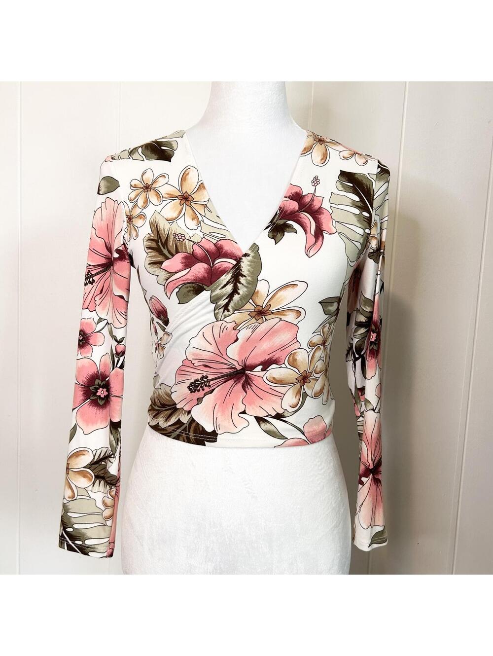 Discovery Floral Hibiscus Tropical Long Sleeve Wrap Blouse Top Women's Medium